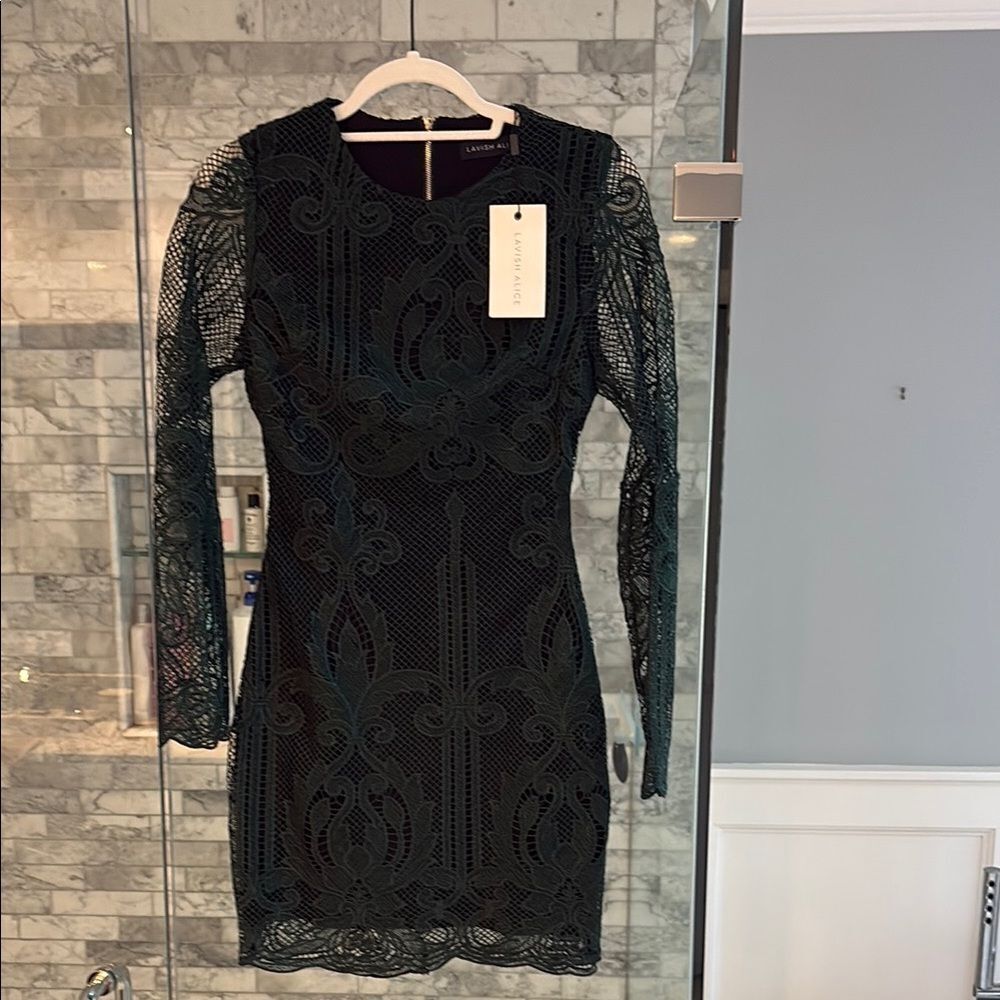 Elegant Lace Long-Sleeve Bodycon Dress - Dark Gr